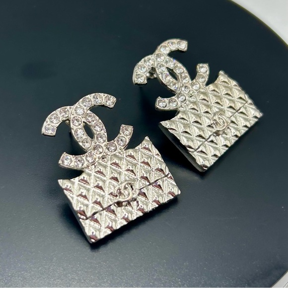 Silver & Rhinestone Clutch Accent Earrings - Picture 2 of 7